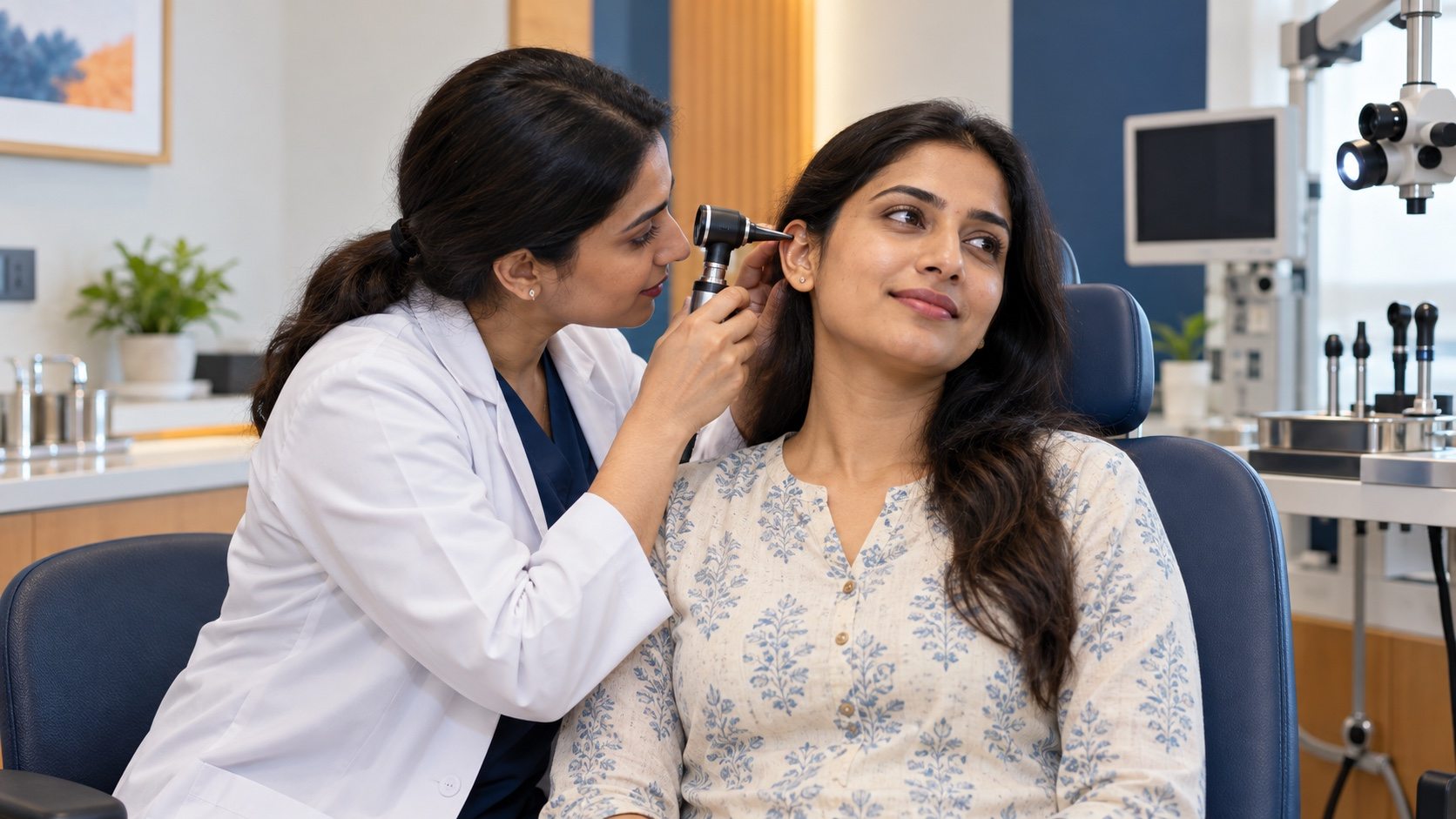 ENT specialist examining a patient’s ear with an otoscope