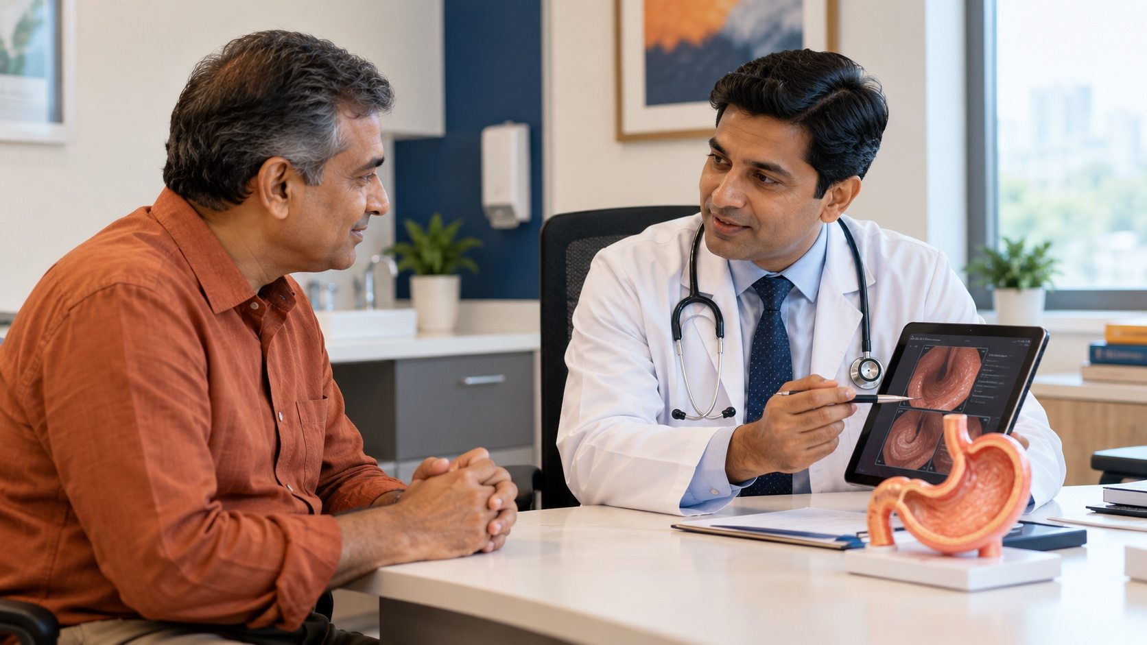 Gastroenterologist explaining digestive test results to a patient