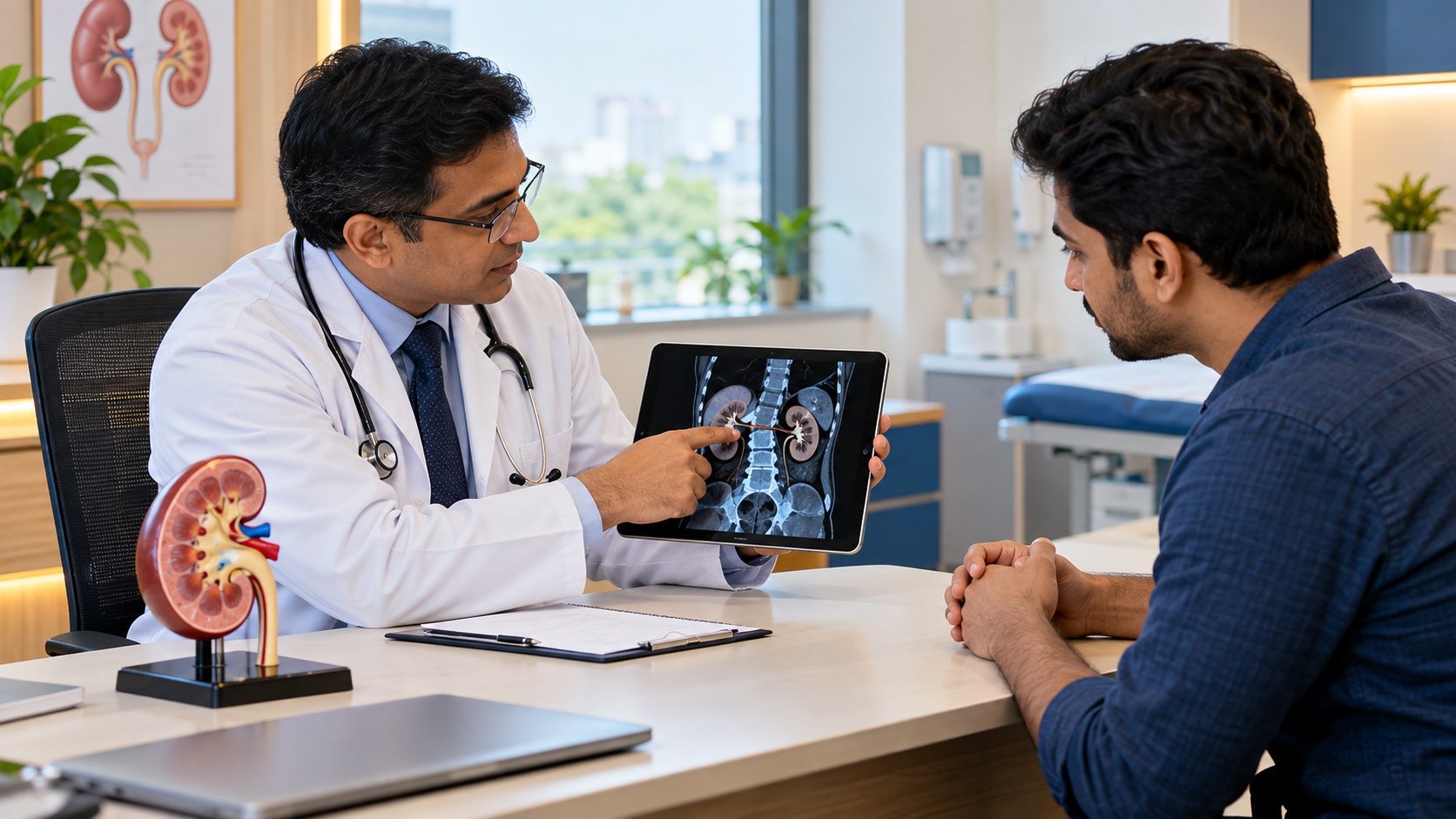 Urologist explaining a kidney scan to a patient