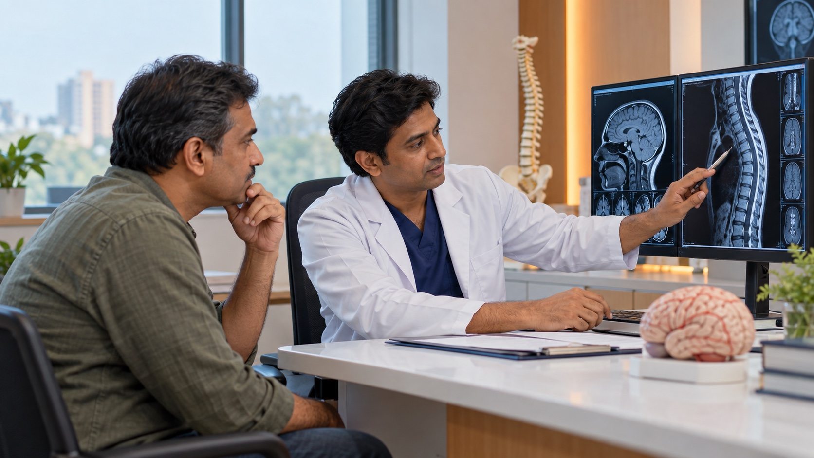 Neurosurgeon explaining brain and spine scans to a patient