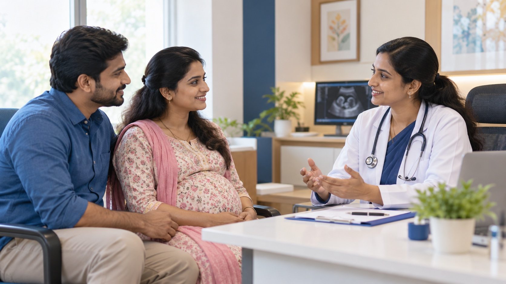 Expecting parents speaking with an obstetrician about delivery planning