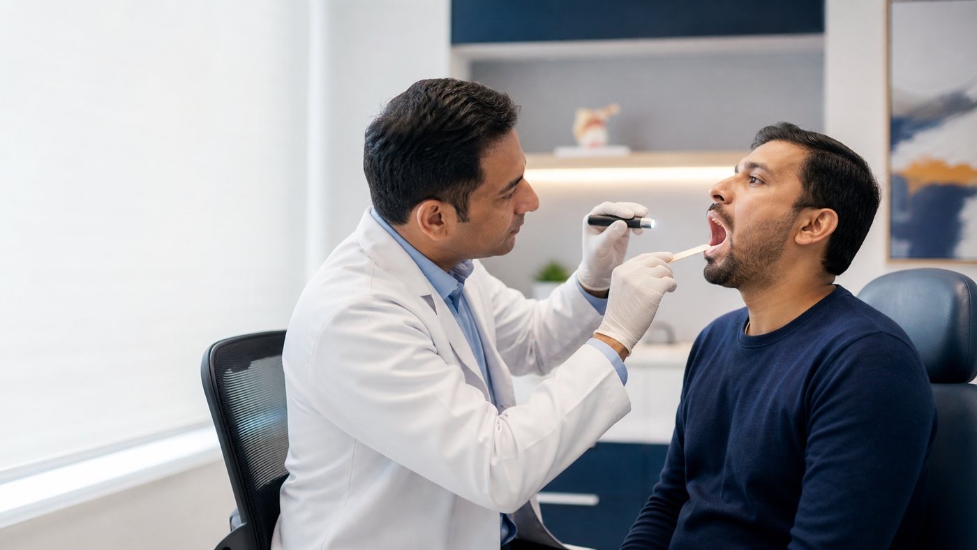 Doctor performing an oral health examination