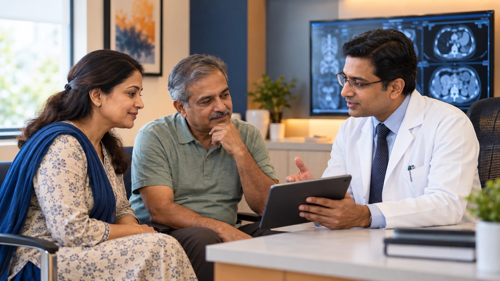 Surgical oncologist discussing a cancer treatment plan with a patient and family member