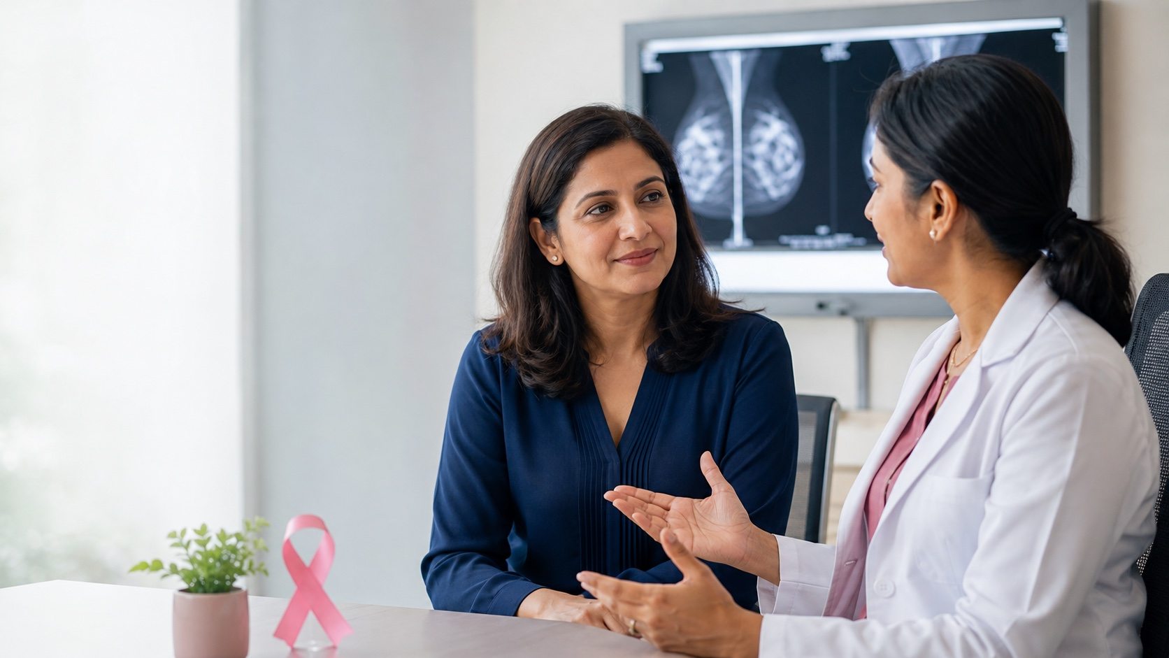 Oncologist discussing breast cancer treatment with a patient
