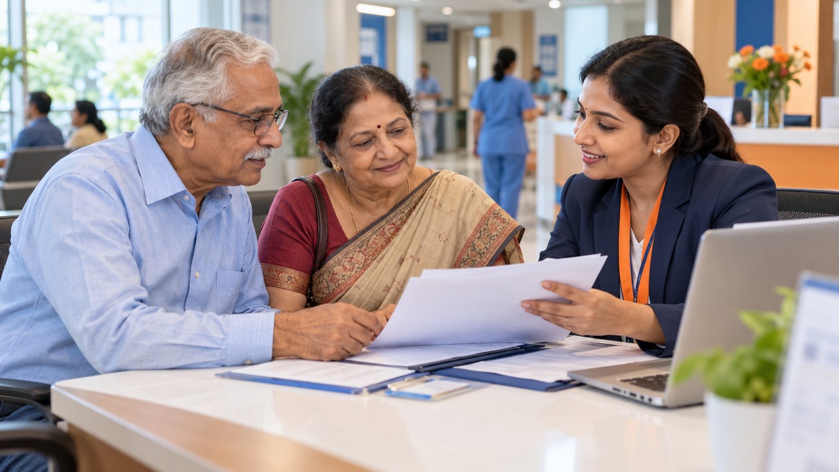 Hospital billing coordinator explaining cashless scheme documents to an older couple